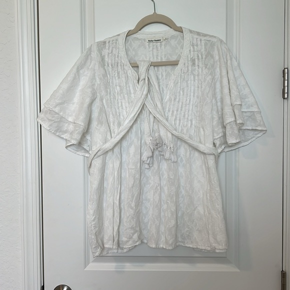 Roller Rabbit Tunic Notch Collar Tassel Belted White Cotton Flutter Sleeve Top - Picture 5 of 14